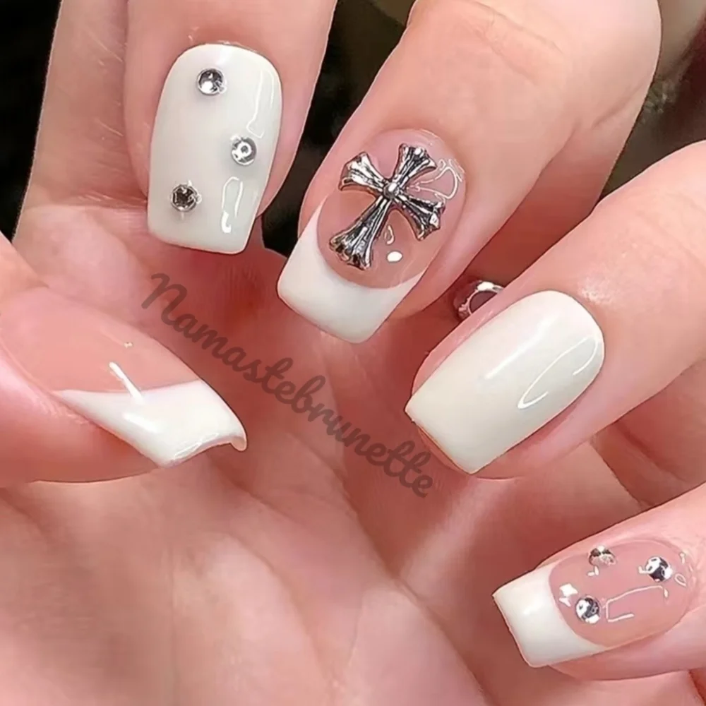 2/$16 Rhinestone Cross French Manicure Press on Nails